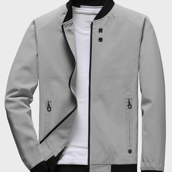 Grey Casual Men Letter Graphic Zip Up Bomber Jacket - Picture 1 of 4